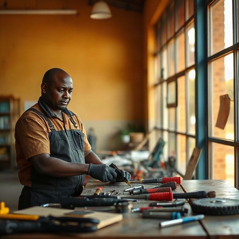 A Lumentnova technician working with tools arranged on a workbench in a Thika commercial premises