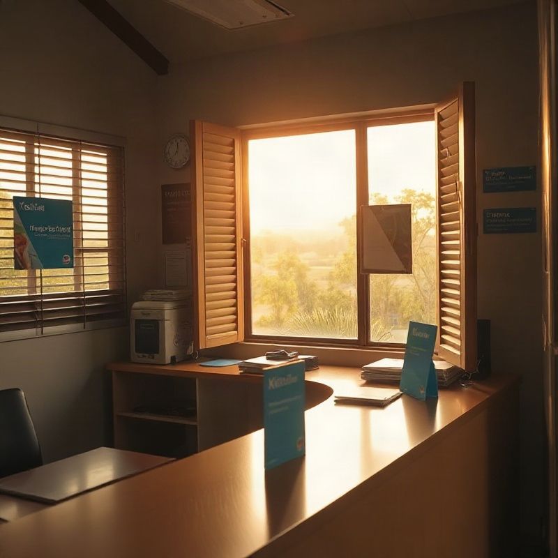 Interior view of the Lumentnova reception desk in Thika, warm afternoon light through louvred windows