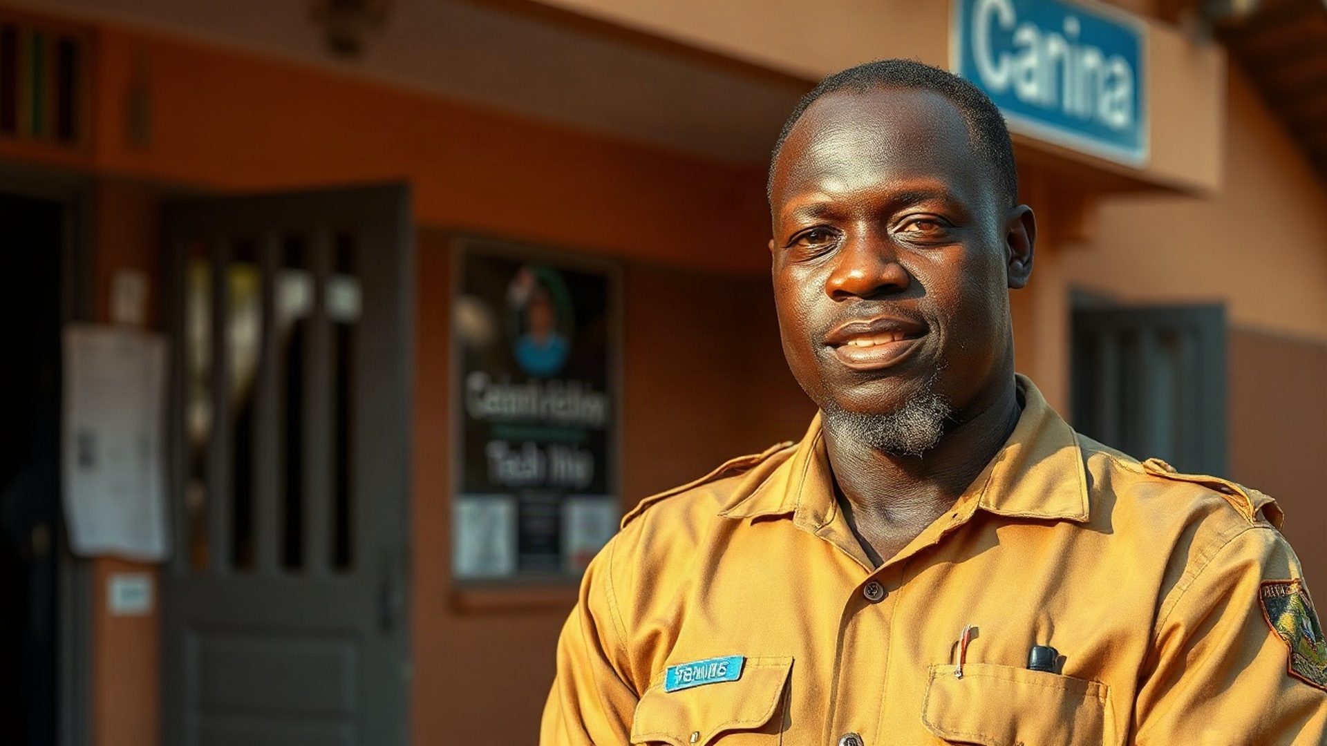 A Lumentnova technician standing outside the Thika office in the early morning light